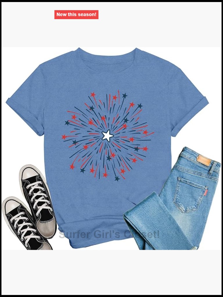 American Flag Firework Star T-Shirt Short Sleeve Crew Neck Tops